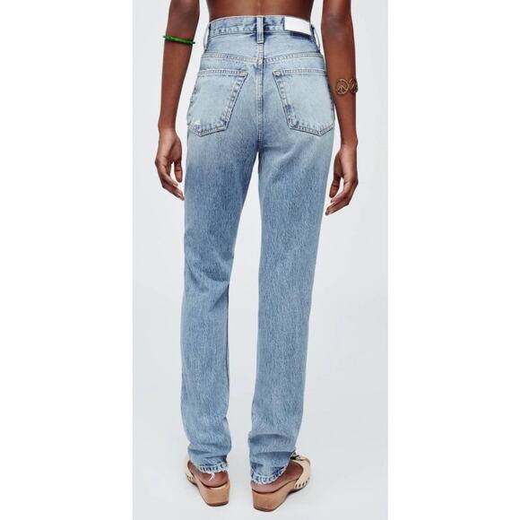 RE/DONE Super High Drainpipe Destroy Wrecking Blue Jeans, size 23, MSRP $325 - Picture 2 of 15